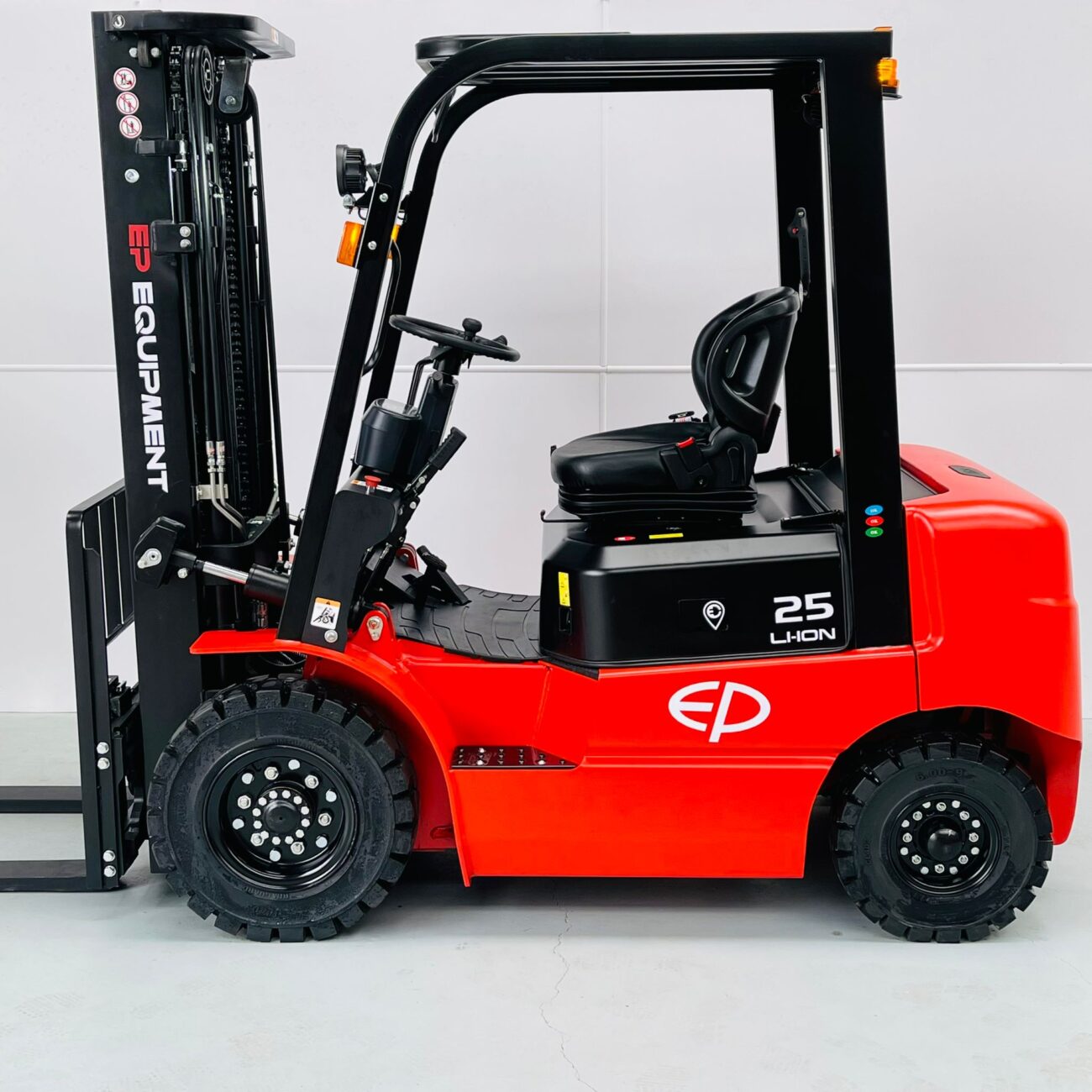 Side view of red EP EFL252 lithium electric forklift