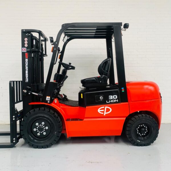 Side view of red EP EFL302 new lithium electric forklift