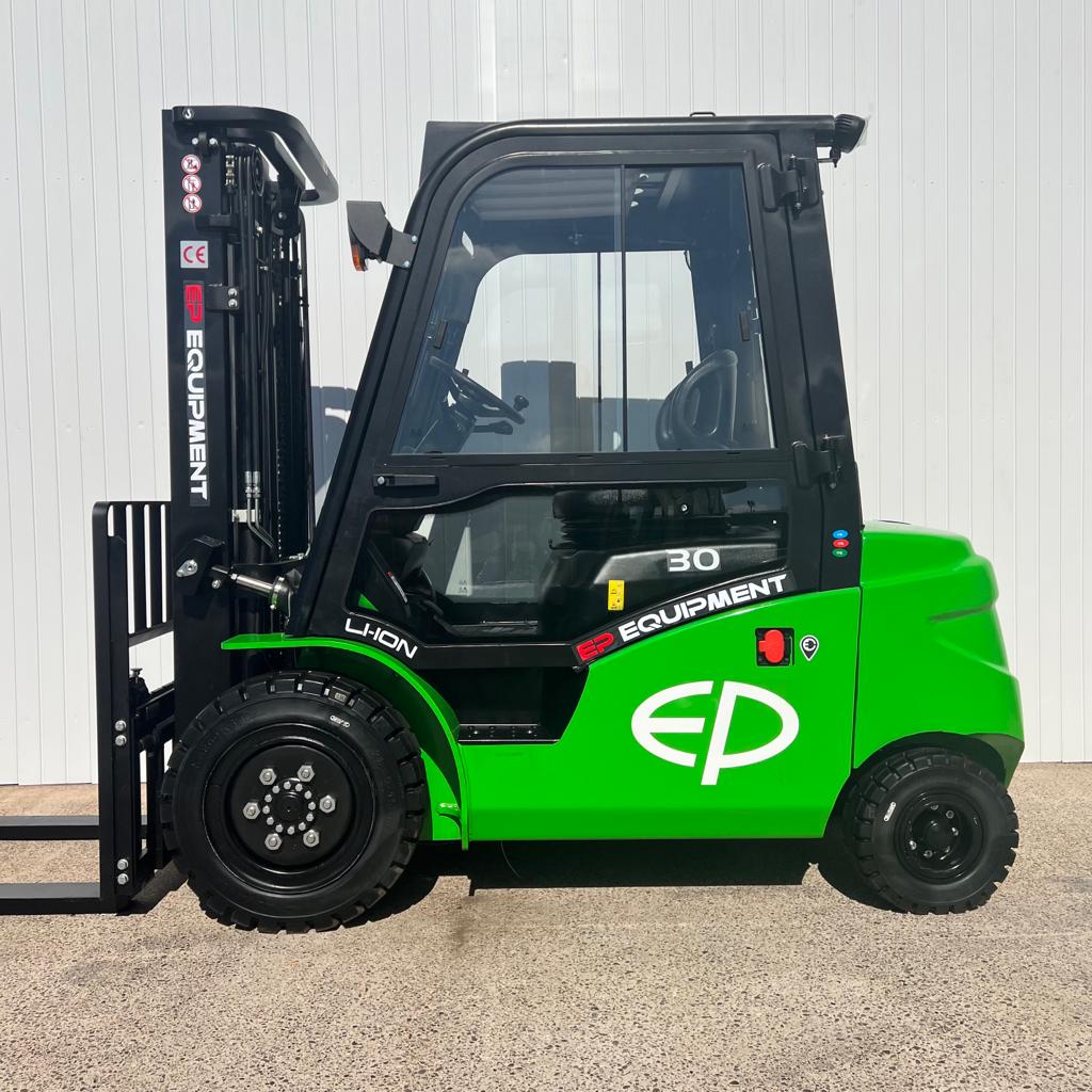 Side view of green EP EFL303 new lithium electric full cab forklift