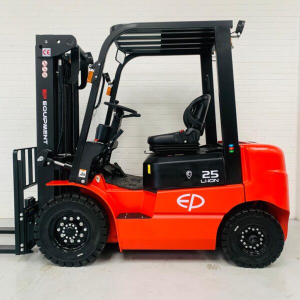 Side view of red EP EFL252 new lithium electric forklift