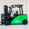 Side view of green EP CPD50F8 lithium electric forklift, triple mast container spec