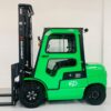 Side view of green EP EFL302 full cab lithium electric forklift
