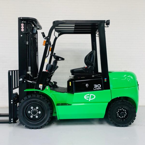 Side view of green EP EFL302 new lithium electric forklift.