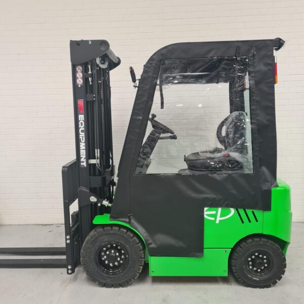 Side view of green EP EFL181 full weatherproof cab lithium electric forklift.
