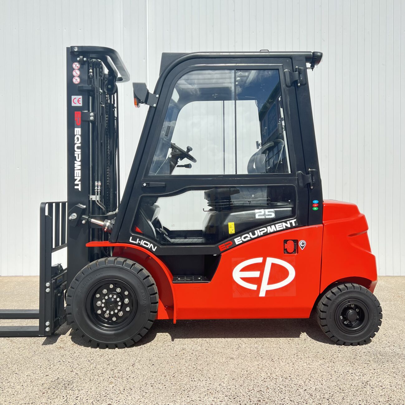 Side view of red EP EFL253 lithium electric forklift