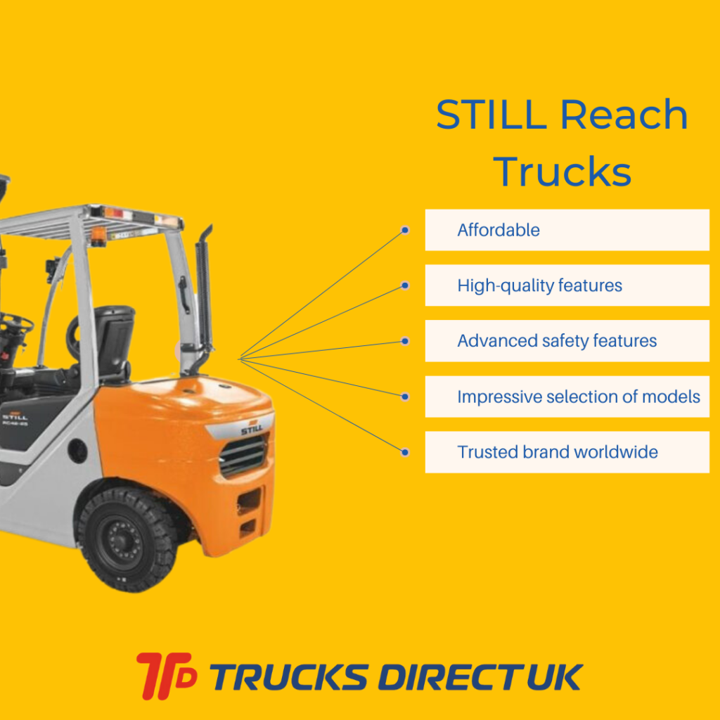 Infographic stating the benefits of a still reahc truck. Orange truck on a yellow background
