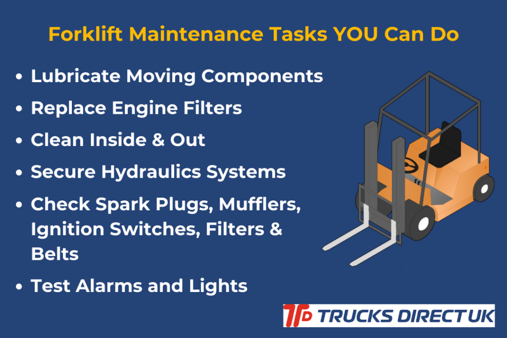 Forklift Maintenance Tasks You Can Do: Lubricate moving components, replace engine filters, clean inside & out, secure hydraulics systems, check spark plugs, mufflers, ignition switches, filters & belts, test alarms and lights