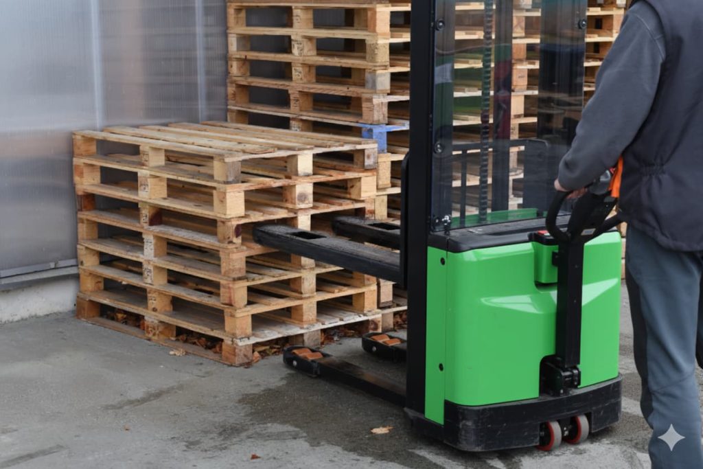 electric pallet truck being operated to lift wooden pallets