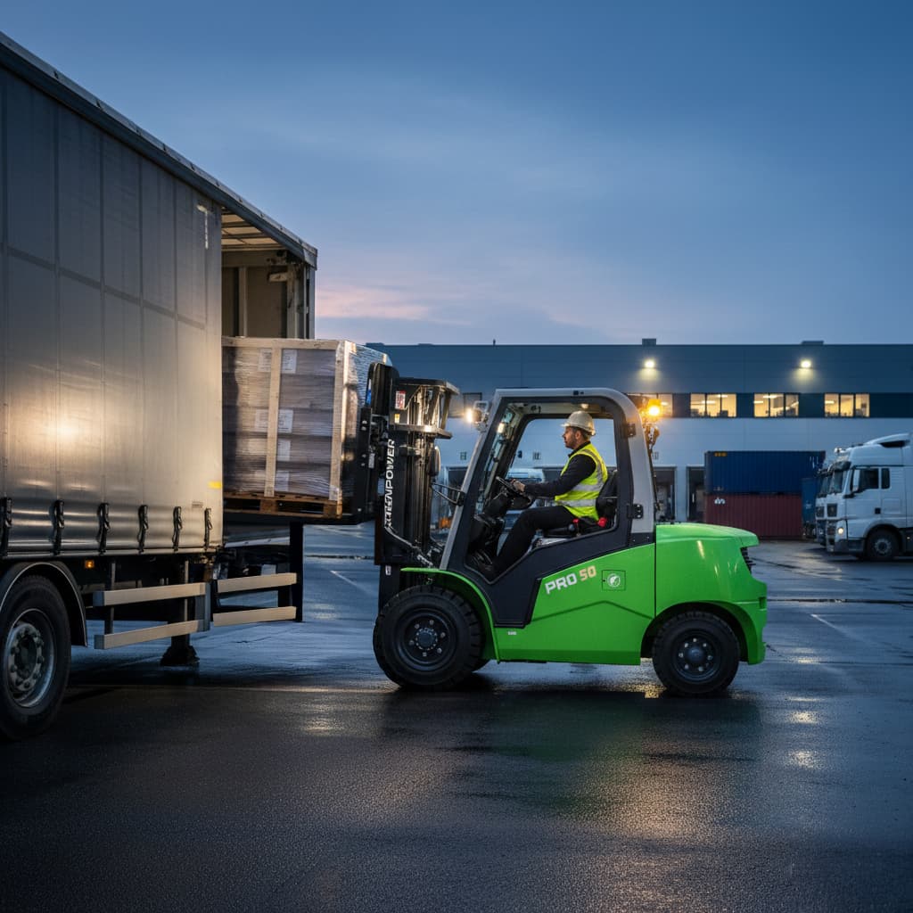 Greenpower forklift being operated and lifting a pallet into a lorry