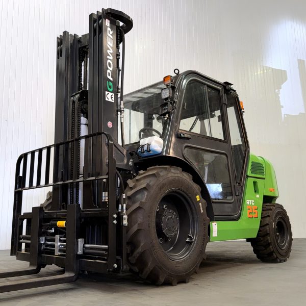 G Power RTC25 Diesel Rough Terrain Forklift | Compact Model | 4.7m to 5.5m Lift | Capacity: 2500kgs | Full Cab - 4WD | Fork Positioner