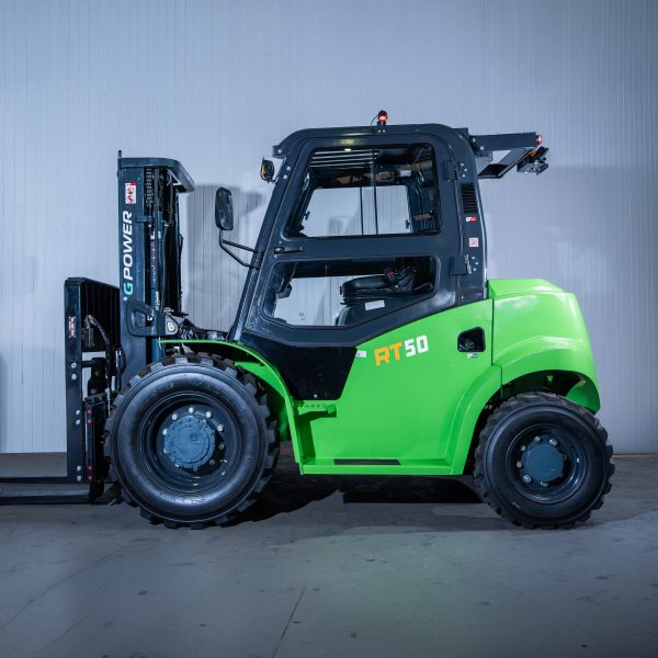 G Power RT50 Diesel Rough Terrain Forklift : 4700mm Lift | Capacity: 5000kgs | Fork Positioner | Full Cab - 4WD.