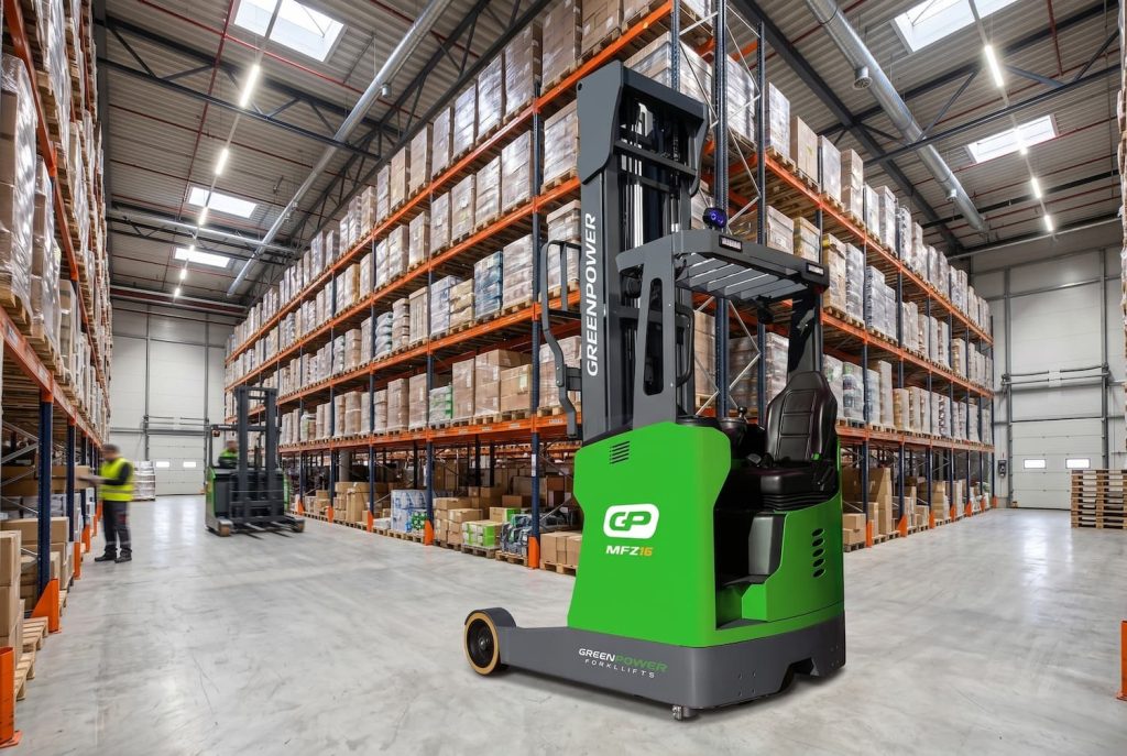 GreenPower Multi-Directional forklift in warehouse