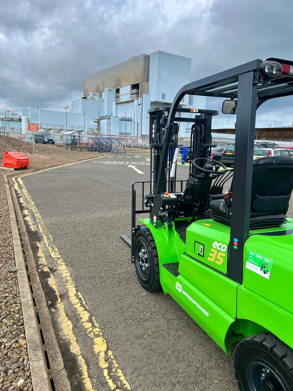 Greenpower forklift parked outside EDF energy office