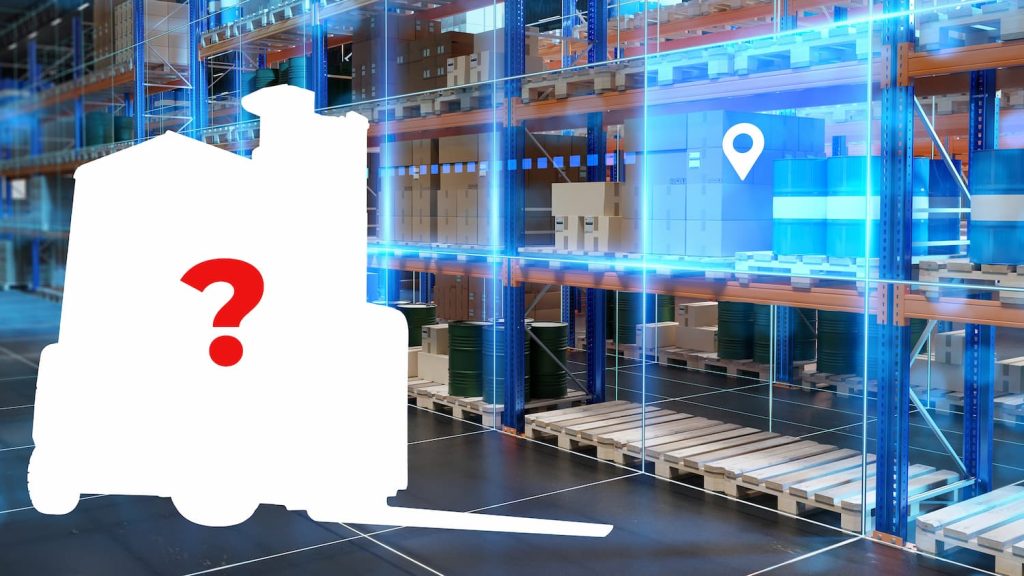 Forklift silhouette with question mark, inside a warehouse