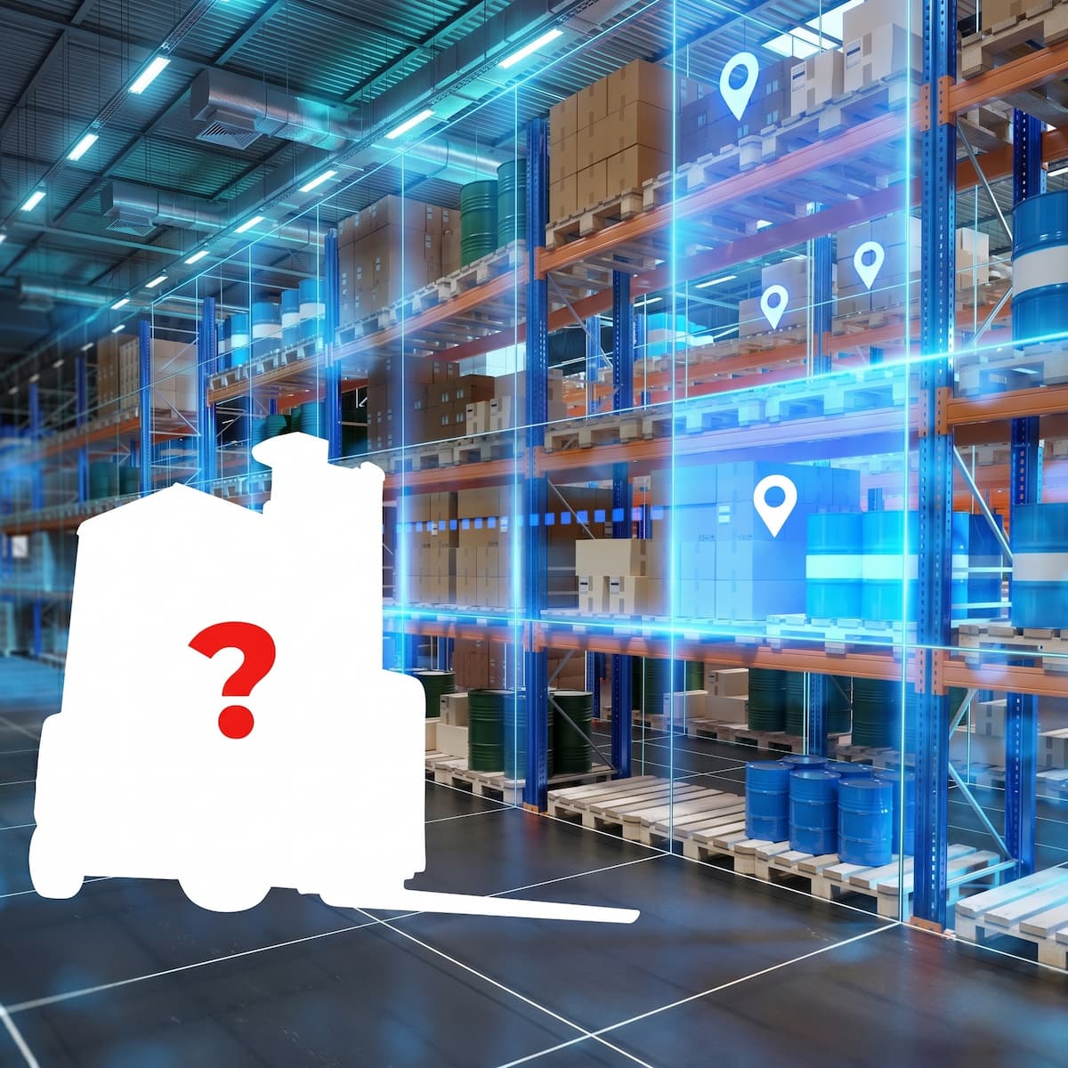 Forklift silhouette with question mark, inside a warehouse