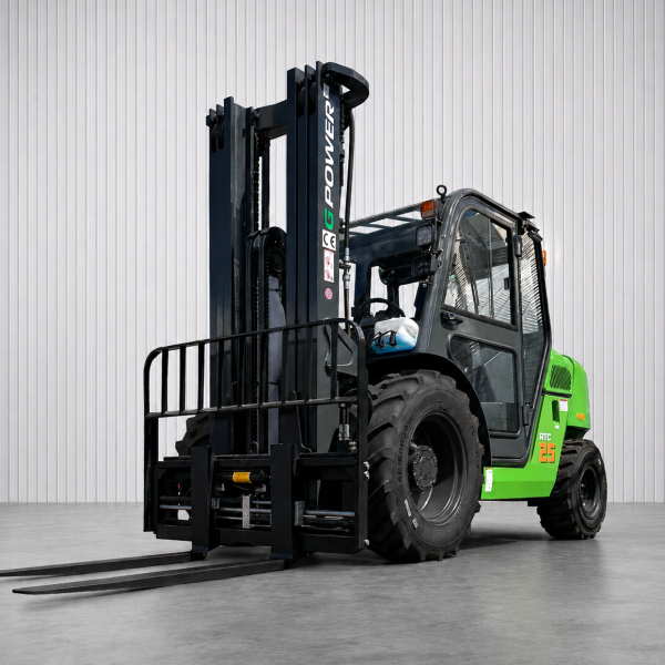 G Power RTC25 Diesel Rough Terrain Forklift | Compact Model | 4.7m to 5.5m Lift | Capacity: 2500kgs | Full Cab - 4WD | Fork Positioner