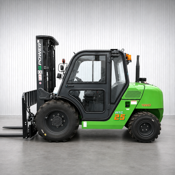 G Power RTC25 Diesel Rough Terrain Forklift | Compact Model | 4.7m to 5.5m Lift | Capacity: 2500kgs | Full Cab - 4WD | Fork Positioner