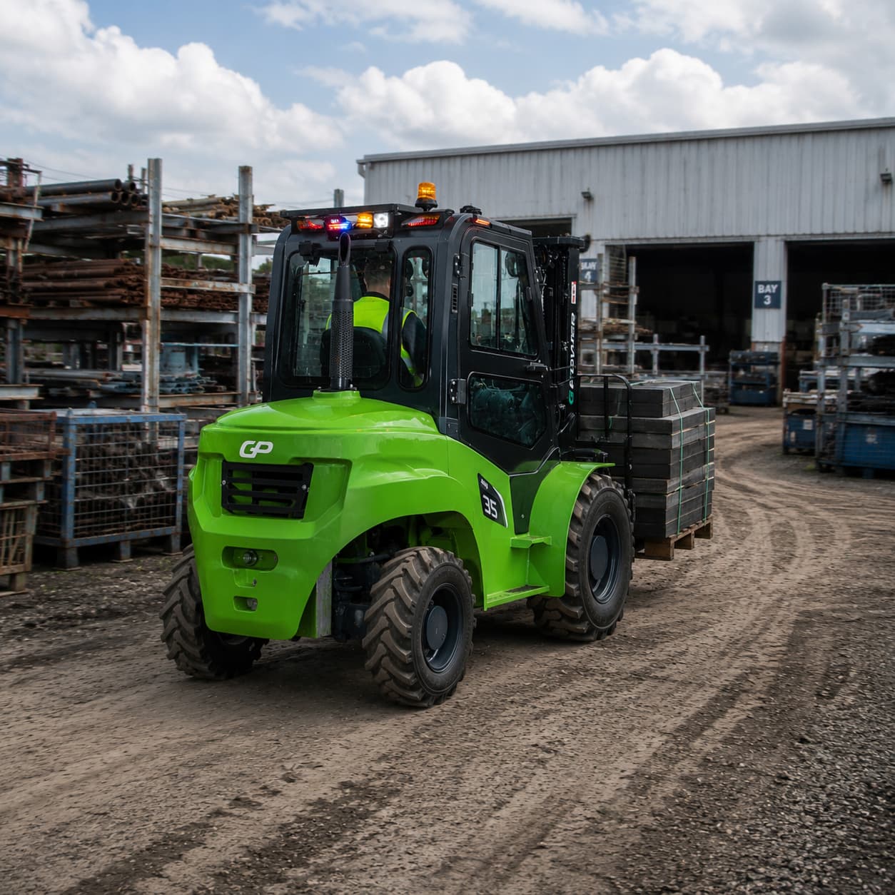 Rough terrain forklift in manufacturing environment driving away